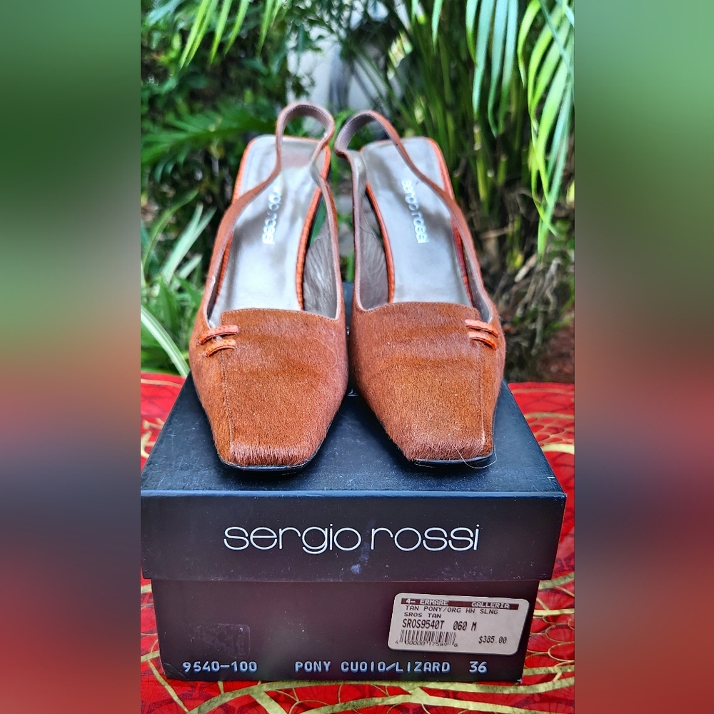 Rust Ponyskin & Lizard Sling Back Pumps By Sergio Rossi